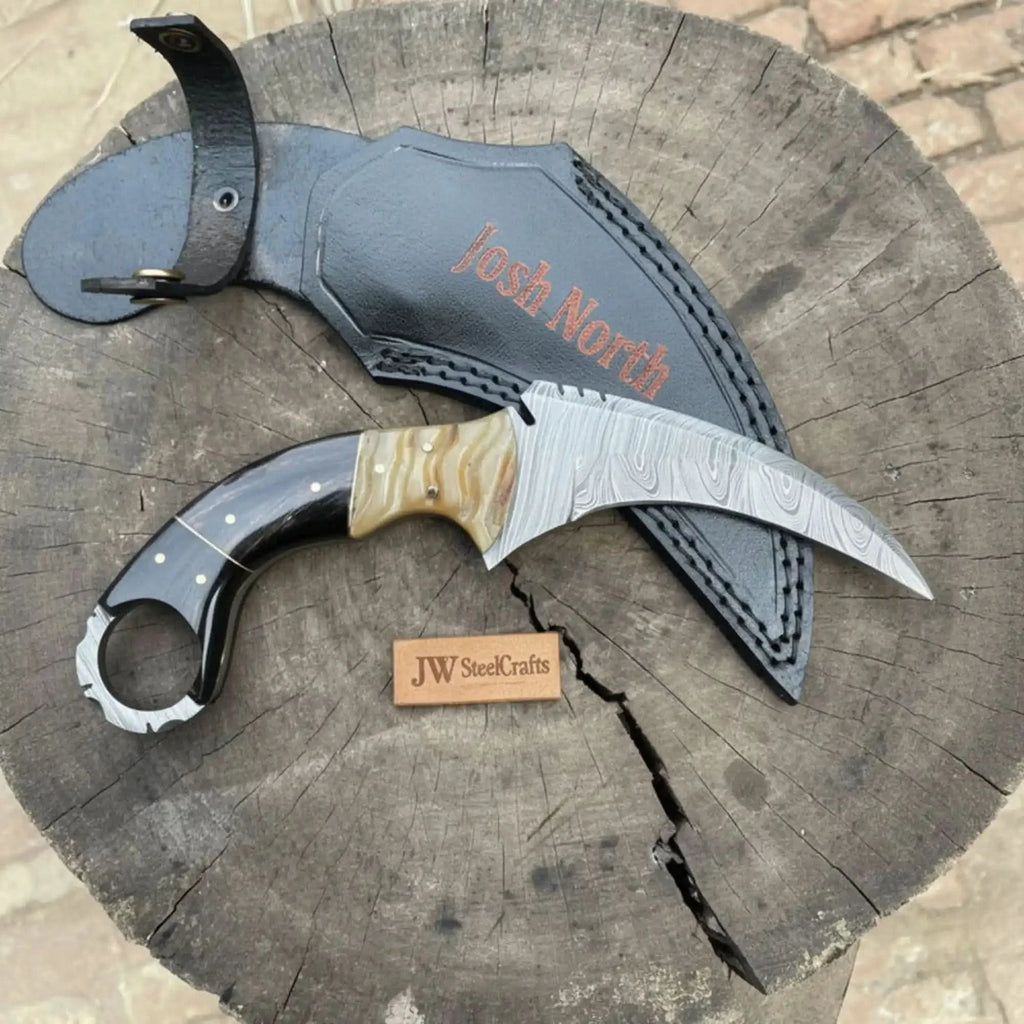Karambit Style Recurve Knife Damascus Blade Finger Ring Hybrid Handle