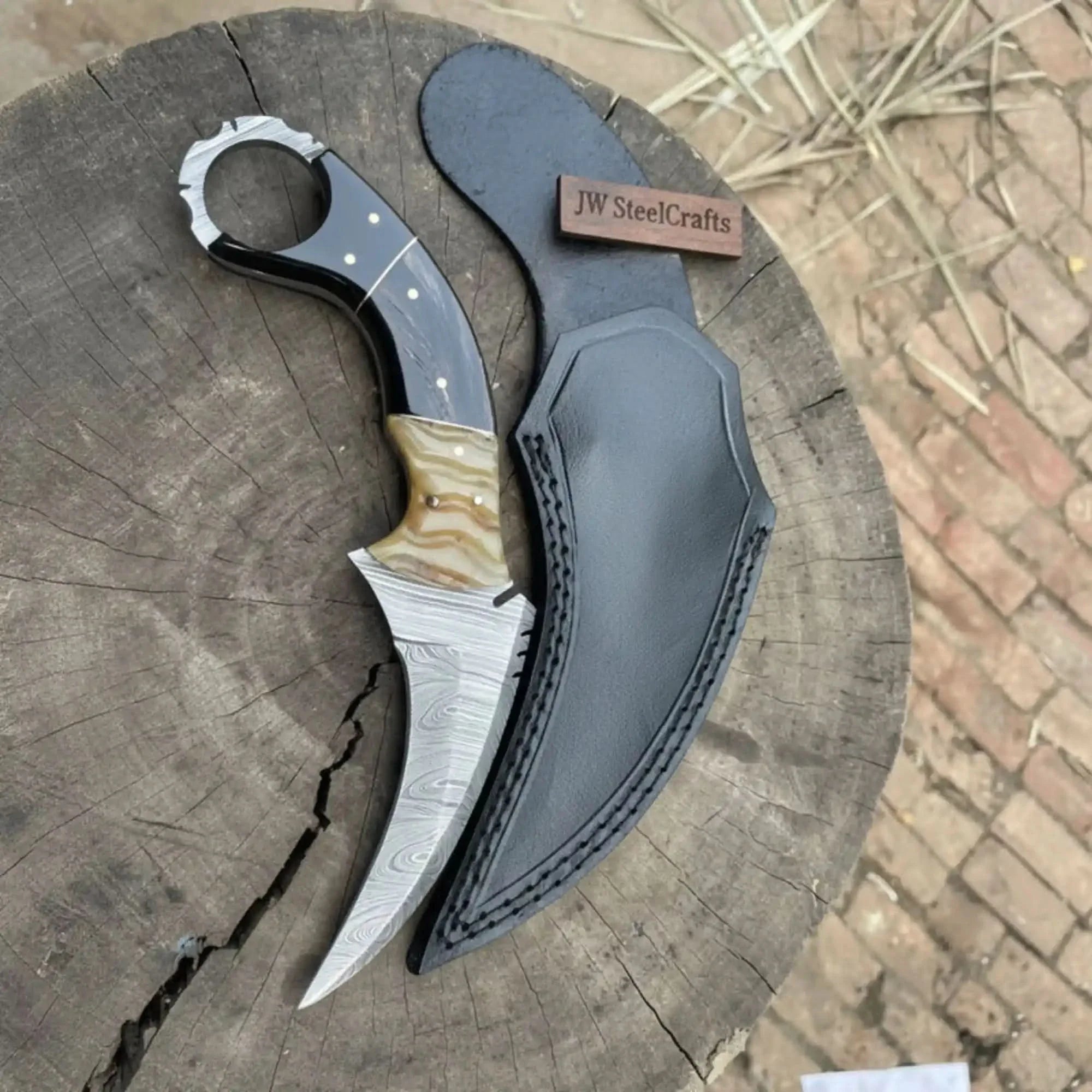 Karambit Style Recurve Knife Damascus Blade Finger Ring Hybrid Handle