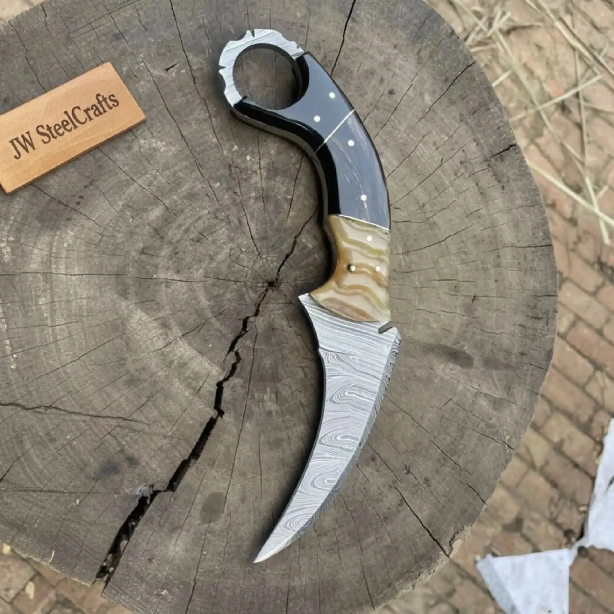 Karambit Style Recurve Knife Damascus Blade Finger Ring Hybrid Handle