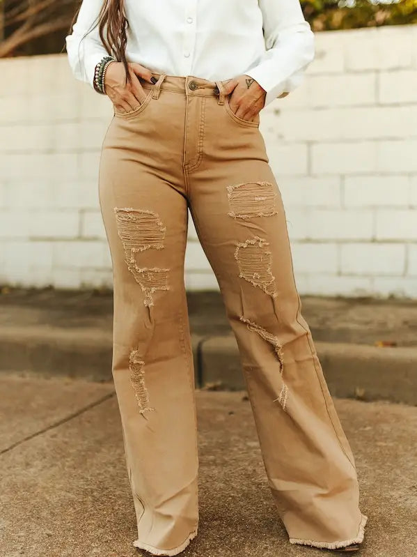 Nellie Camel Distressed Wide Leg | Jeans — view 2