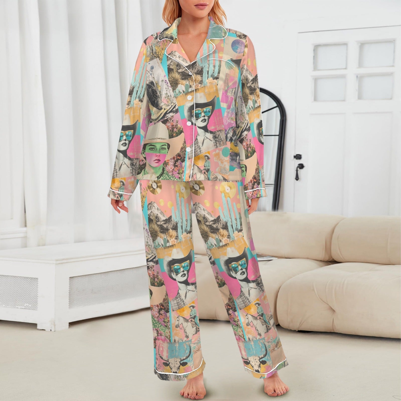 Baha Ranch Pop Western Collage Cowgirl Satin Pajamas by Baha Ranch Western Wear