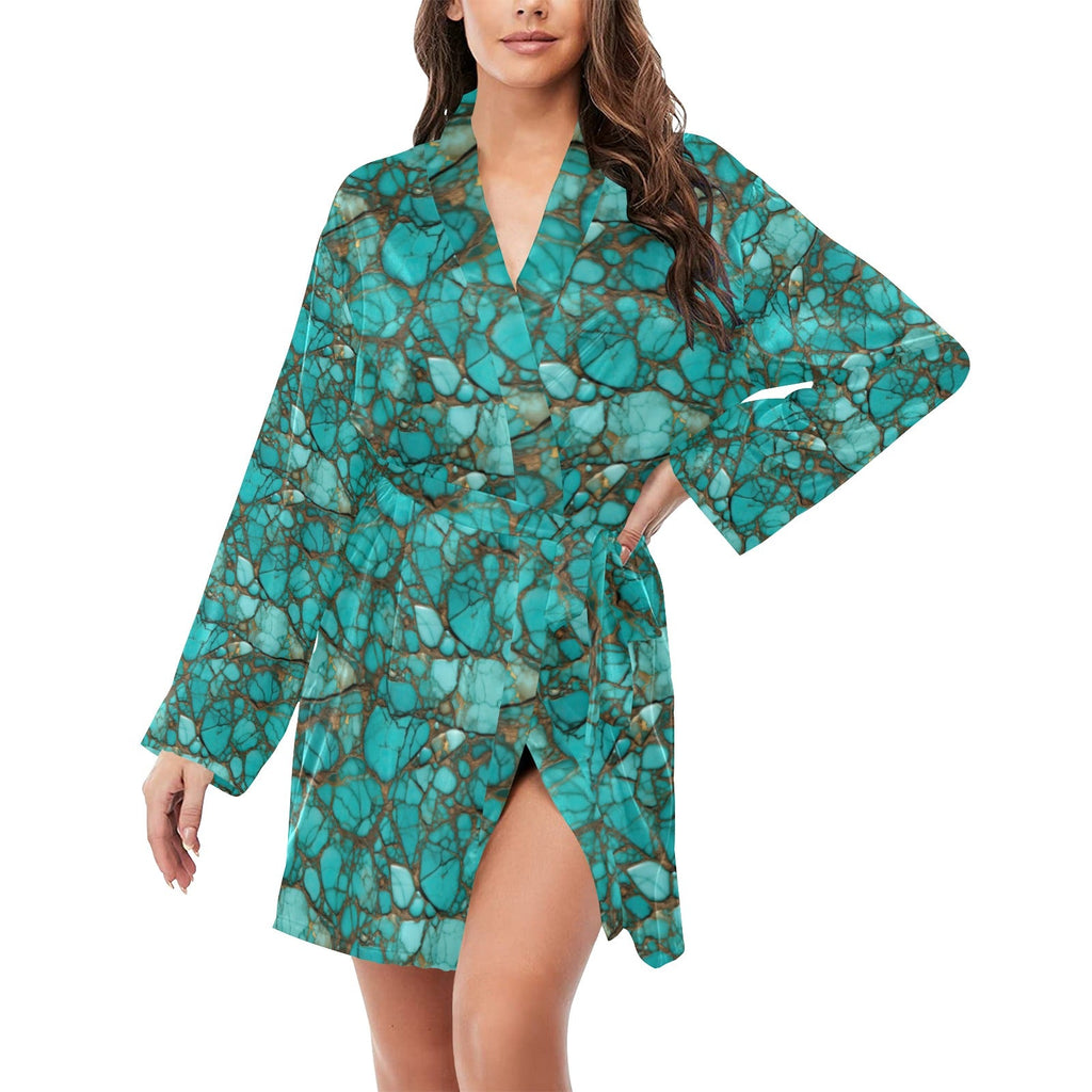 Baha Ranch All Turquoise Women's Long Sleeve Belted Satin Feel Dressing Lounge Robe by Baha Ranch Western Wear - product...