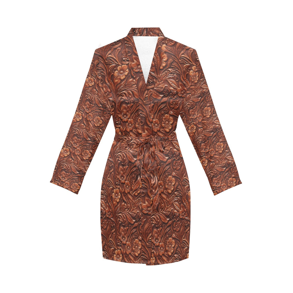 Baha Ranch Tooled Leather Print Women's Long Sleeve Belted Satin Feel Dressing Lounge Robe by Baha Ranch Western Wear -...