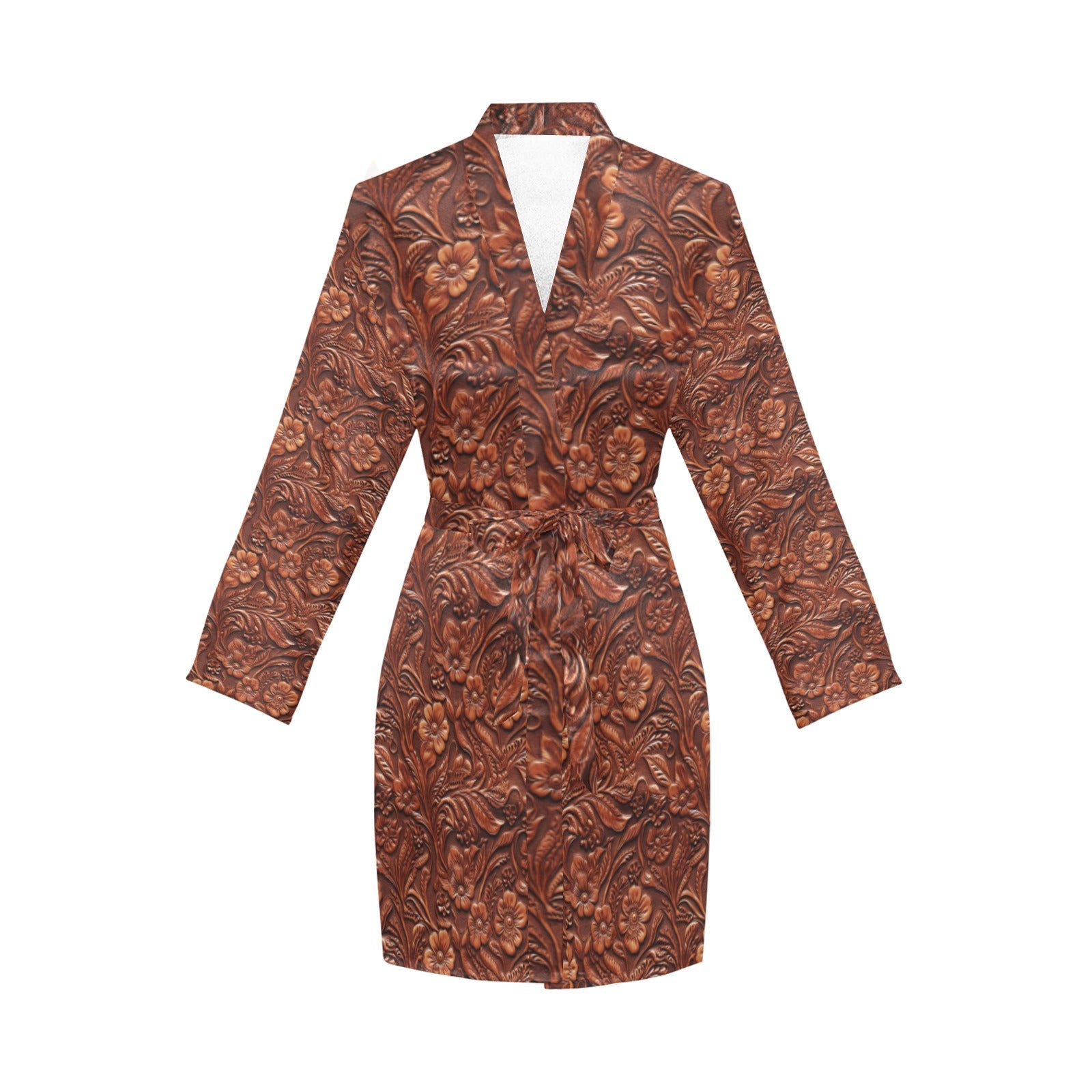 Baha Ranch Tooled Leather Print Women's Long Sleeve Belted Satin Feel Dressing Lounge Robe by Baha Ranch Western Wear -...