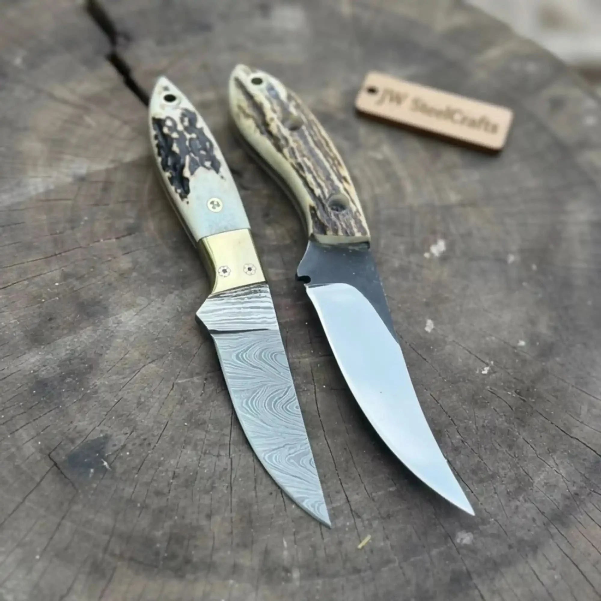 Nessmuk Style Knife Set Damascus and Polished Trailing Point Blades Stag Bone Handles
