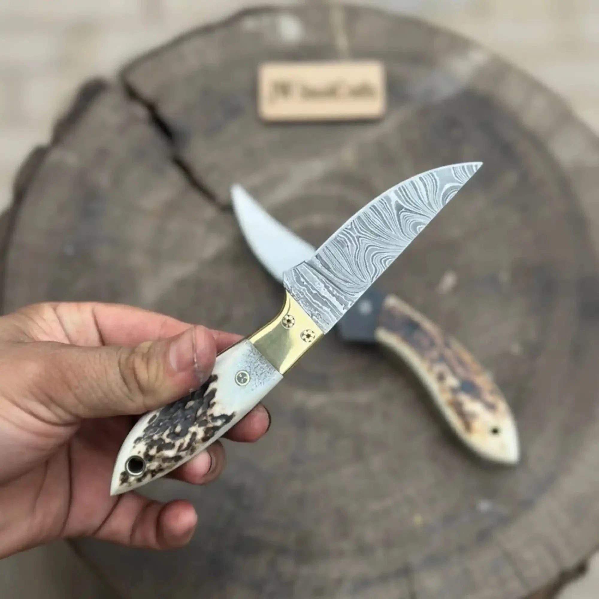 Nessmuk Style Knife Set Damascus and Polished Trailing Point Blades Stag Bone Handles