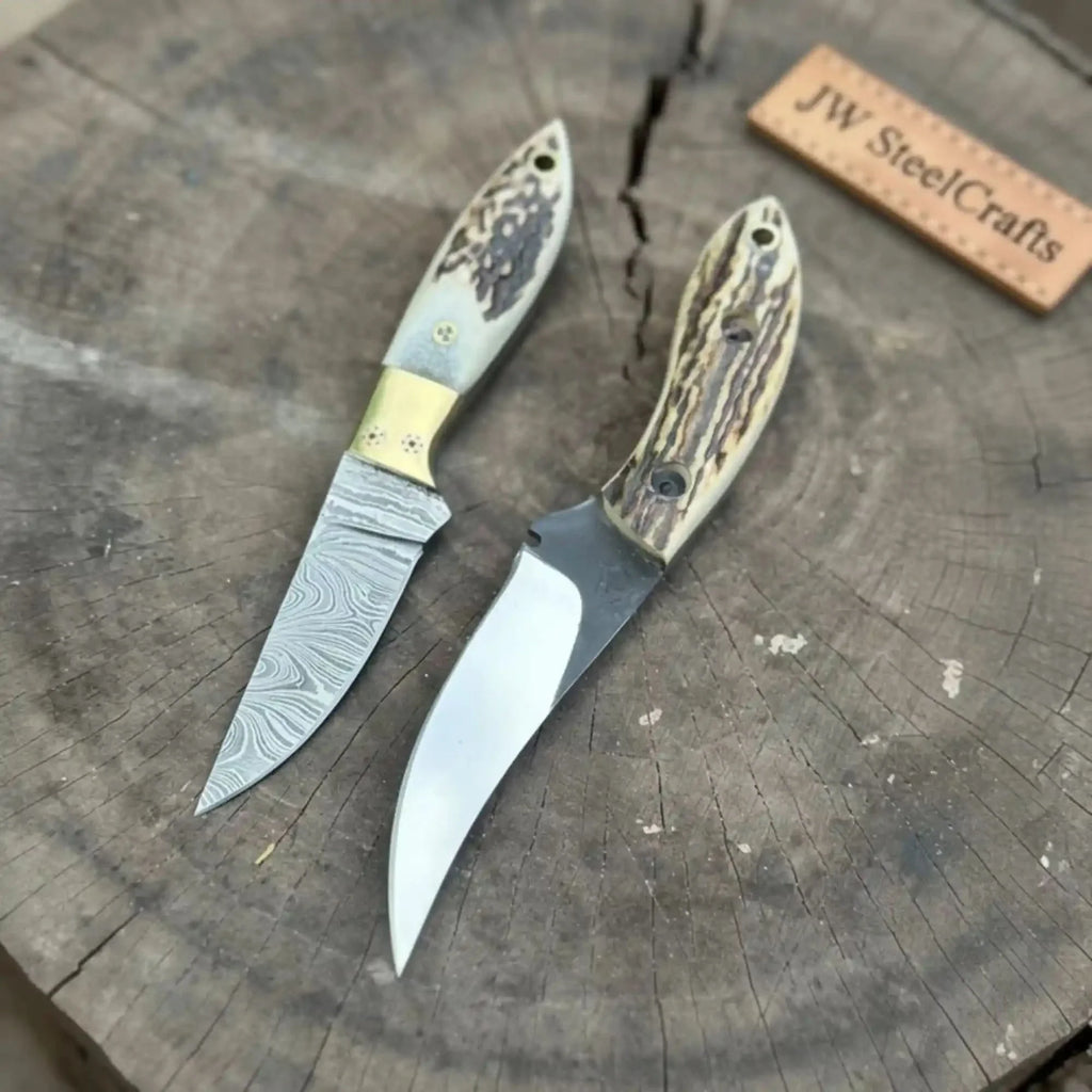 Nessmuk Style Knife Set Damascus and Polished Trailing Point Blades Stag Bone Handles