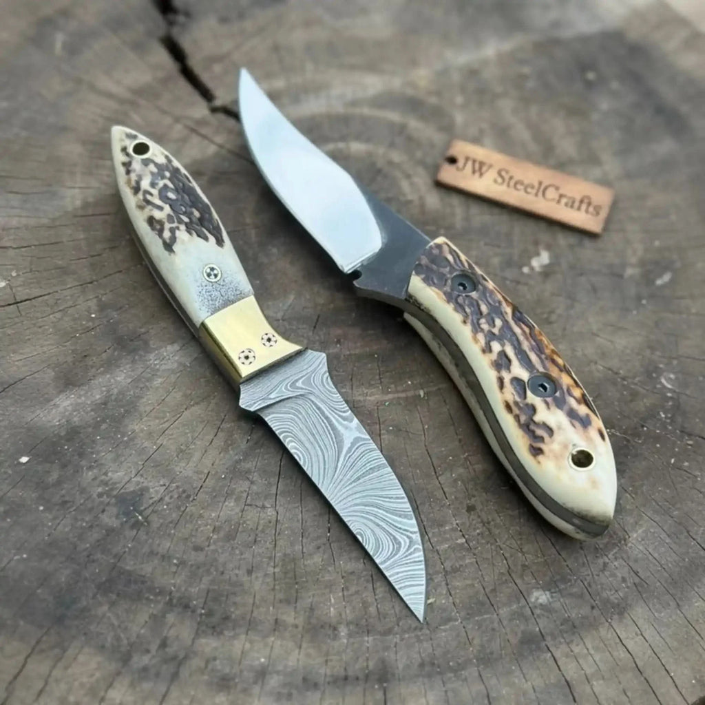 Nessmuk Style Knife Set Damascus and Polished Trailing Point Blades Stag Bone Handles
