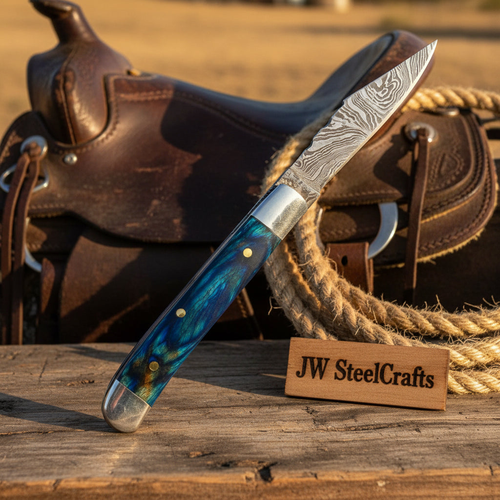 Custom Damascus Trapper Folding Knife – Blue Pakka Wood