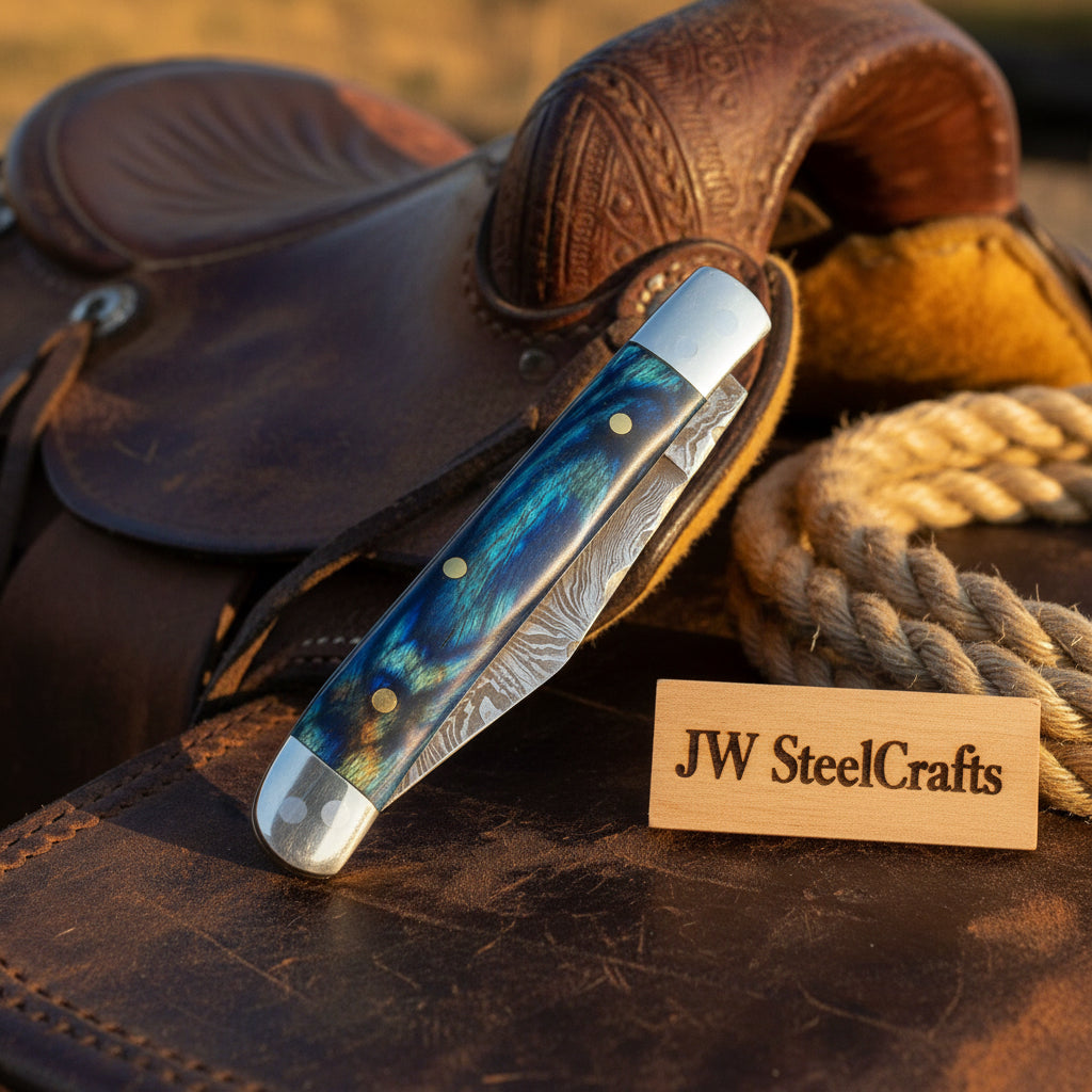 Custom Damascus Trapper Folding Knife – Blue Pakka Wood