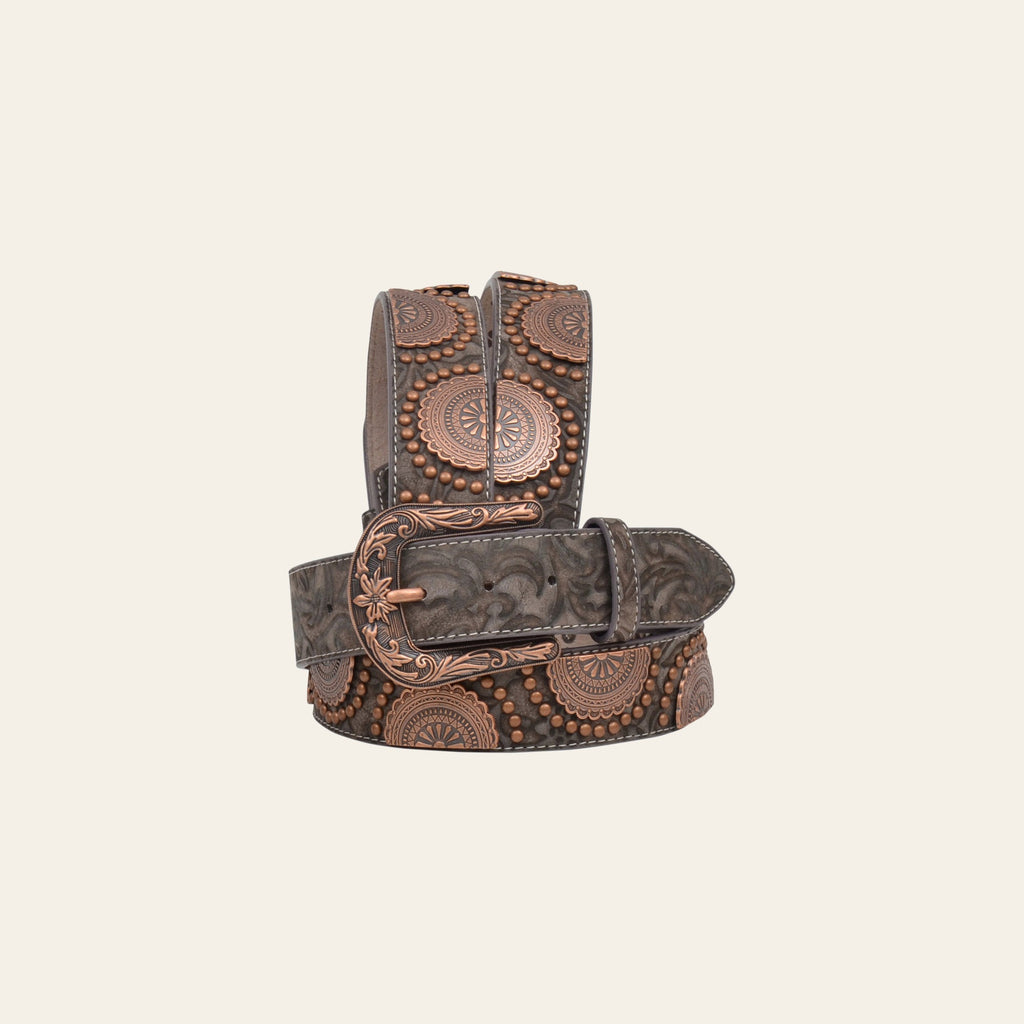 1 1/2" Wide Brown Floral Embossed Leather Copper Stud Belt