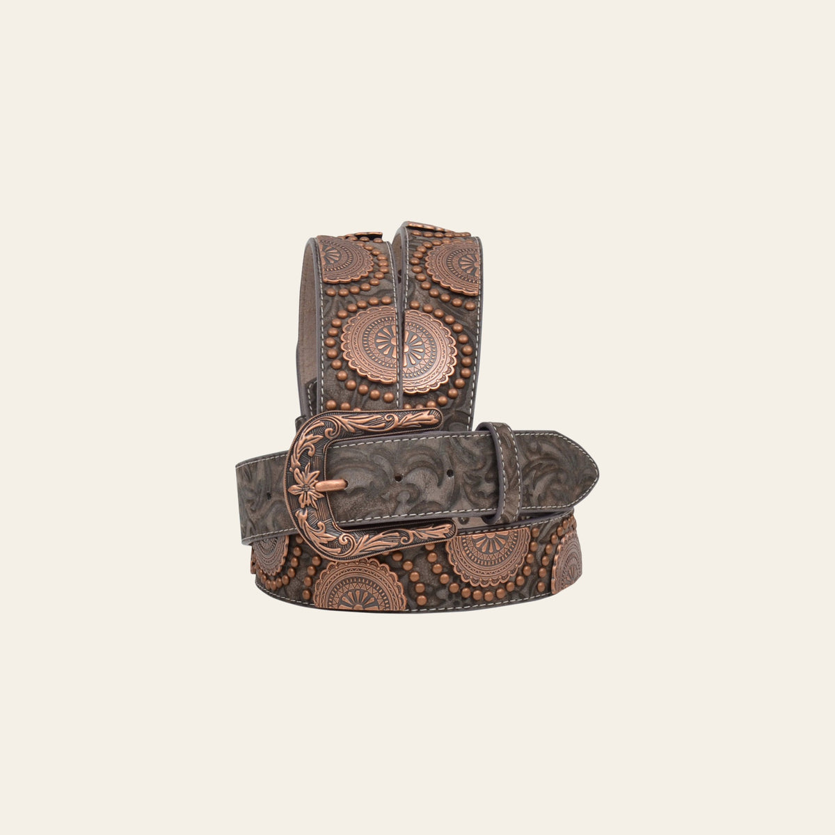1 1/2" Wide Brown Floral Embossed Leather Copper Stud Belt
