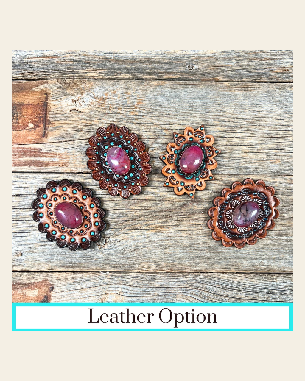 Fuchsia Cabochon Stone - Leather Rosette Options on a warm cream background
