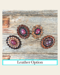 Fuchsia Cabochon Stone - Leather Rosette Options on a warm cream background