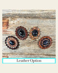 Lapis Cabochon Stone - Leather Rosette Options - on a warm cream background