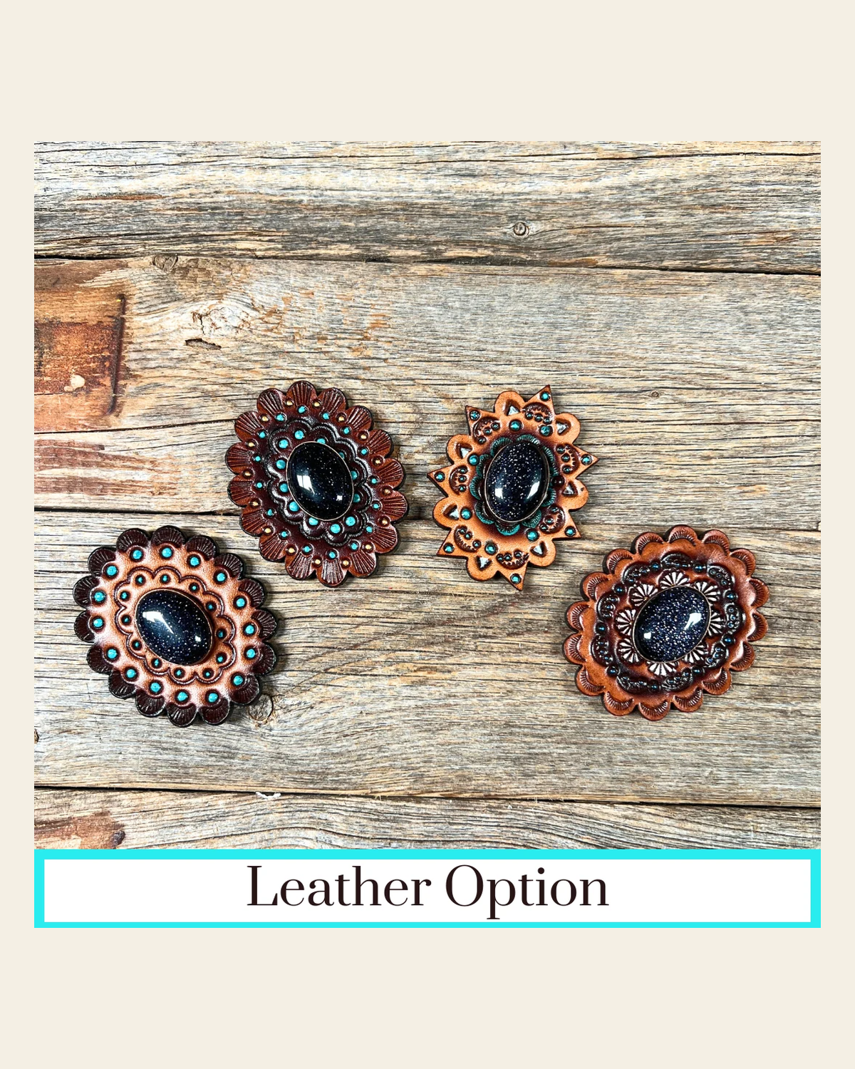 Lapis Cabochon Stone - Leather Rosette Options - on a warm cream background