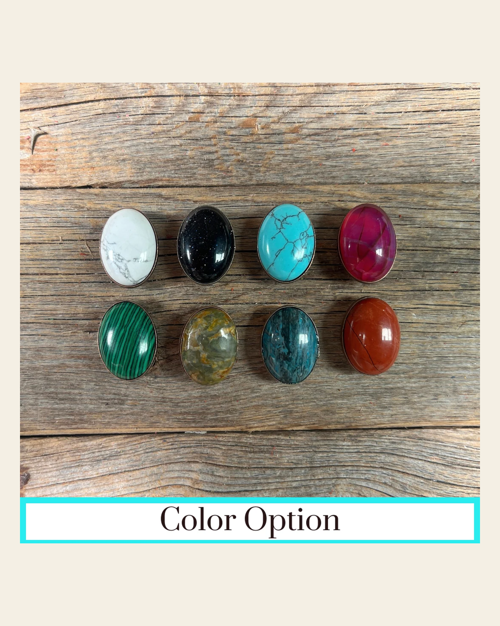 1" Oval Cabochon Stone Concho - Turquoise, Fuchsia, Rust, Blue, Sage, Lapis, White, Green on a warm cream background