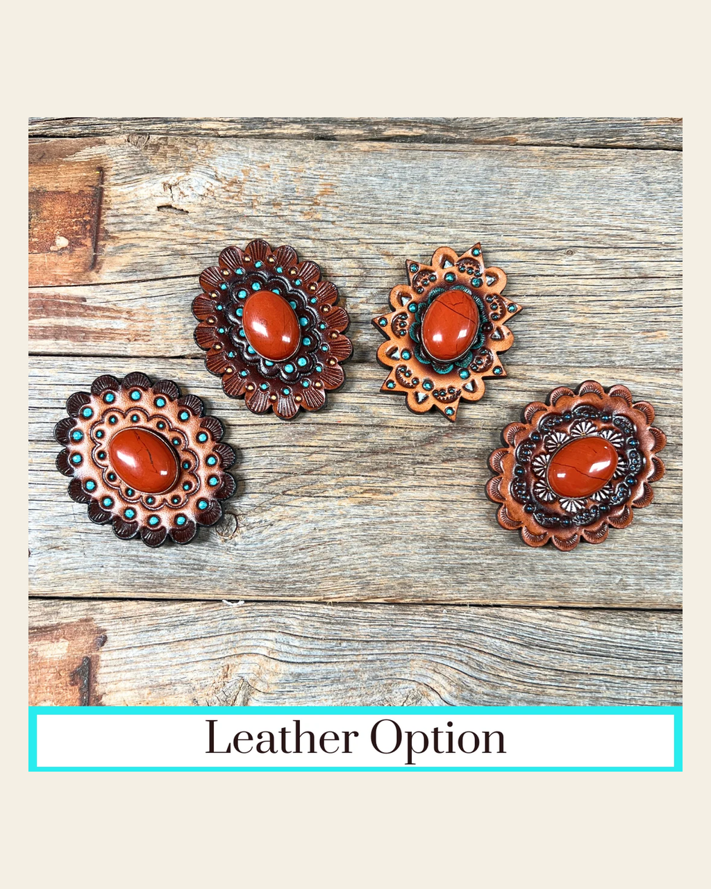 Rust Cabochon Stone - Leather Rosette Options - on a warm cream background