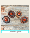 Rust Cabochon Stone - Leather Rosette Options - on a warm cream background