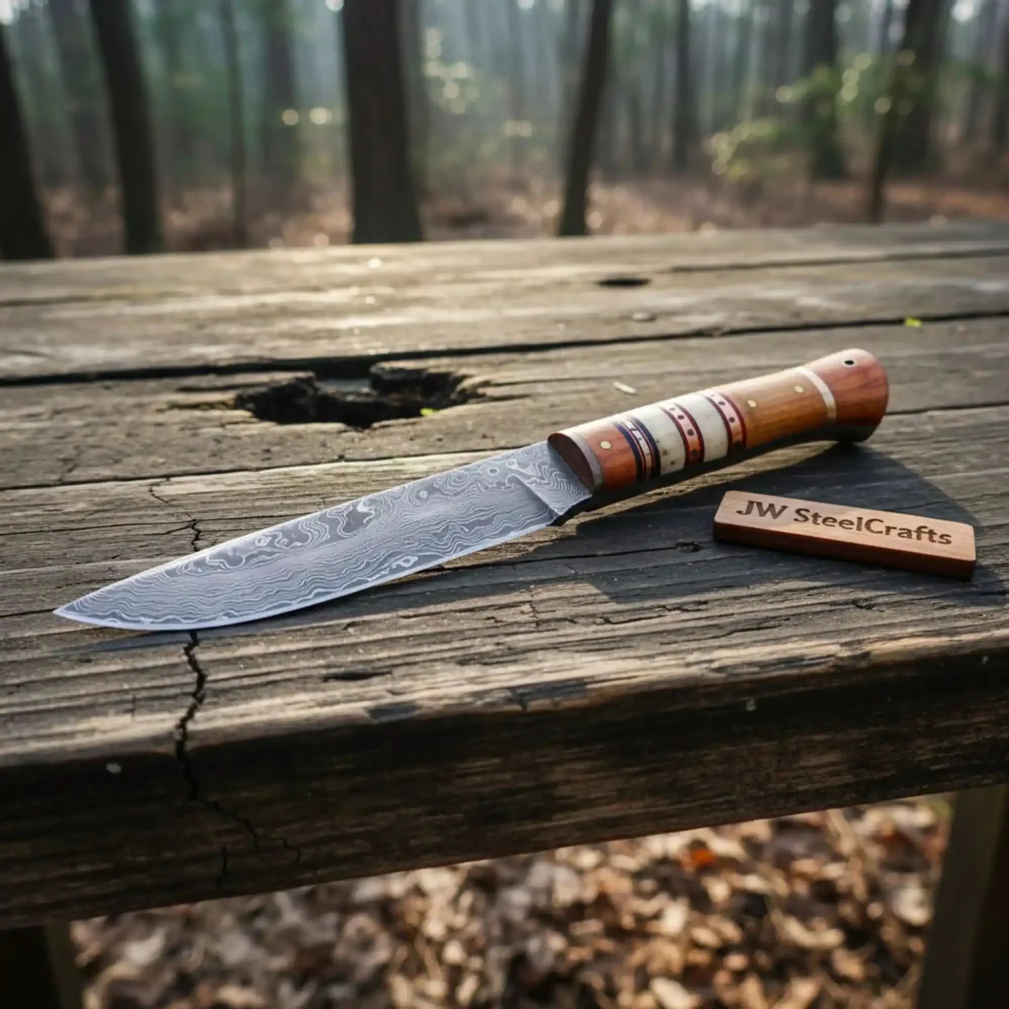 10 Inch Damascus Steel Hunting Knife with Stacked Wood Handle | JW SteelCrafts