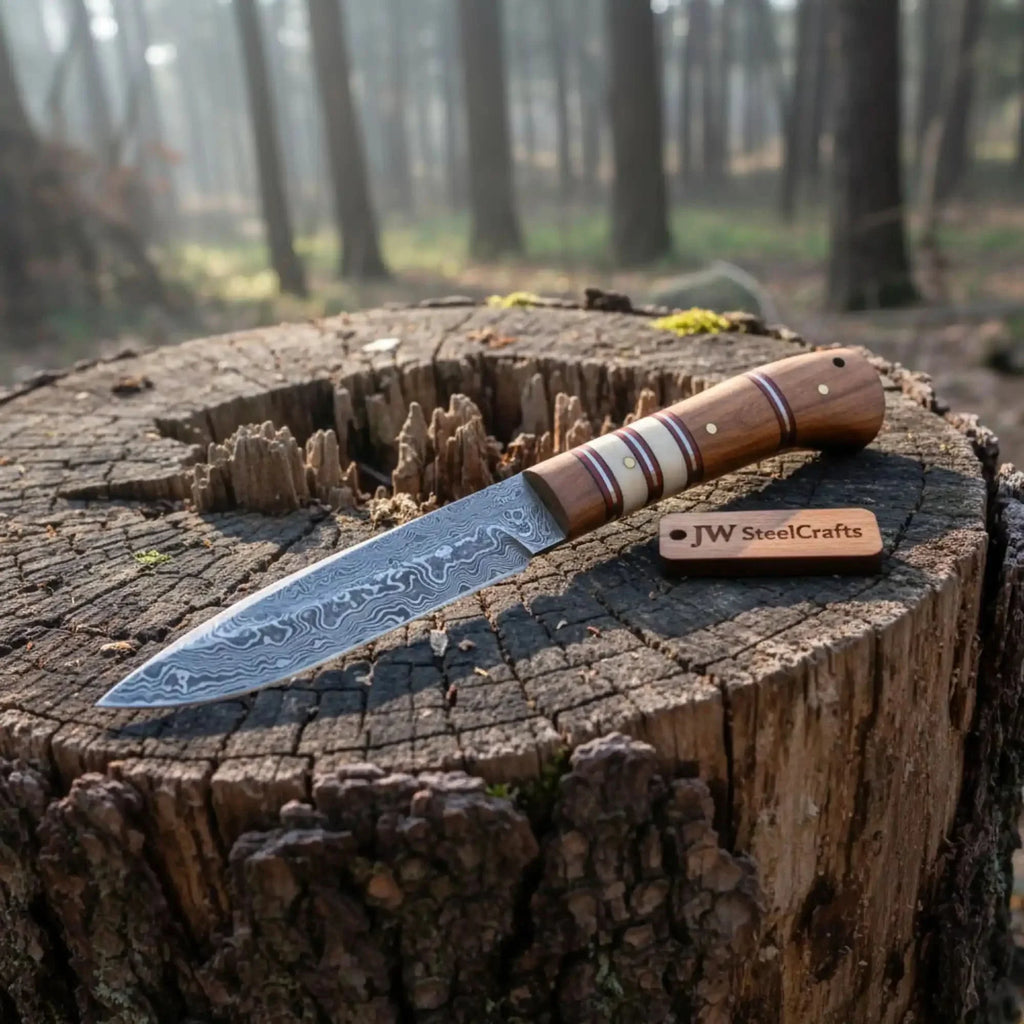 10 Inch Damascus Steel Hunting Knife with Stacked Wood Handle | JW SteelCrafts