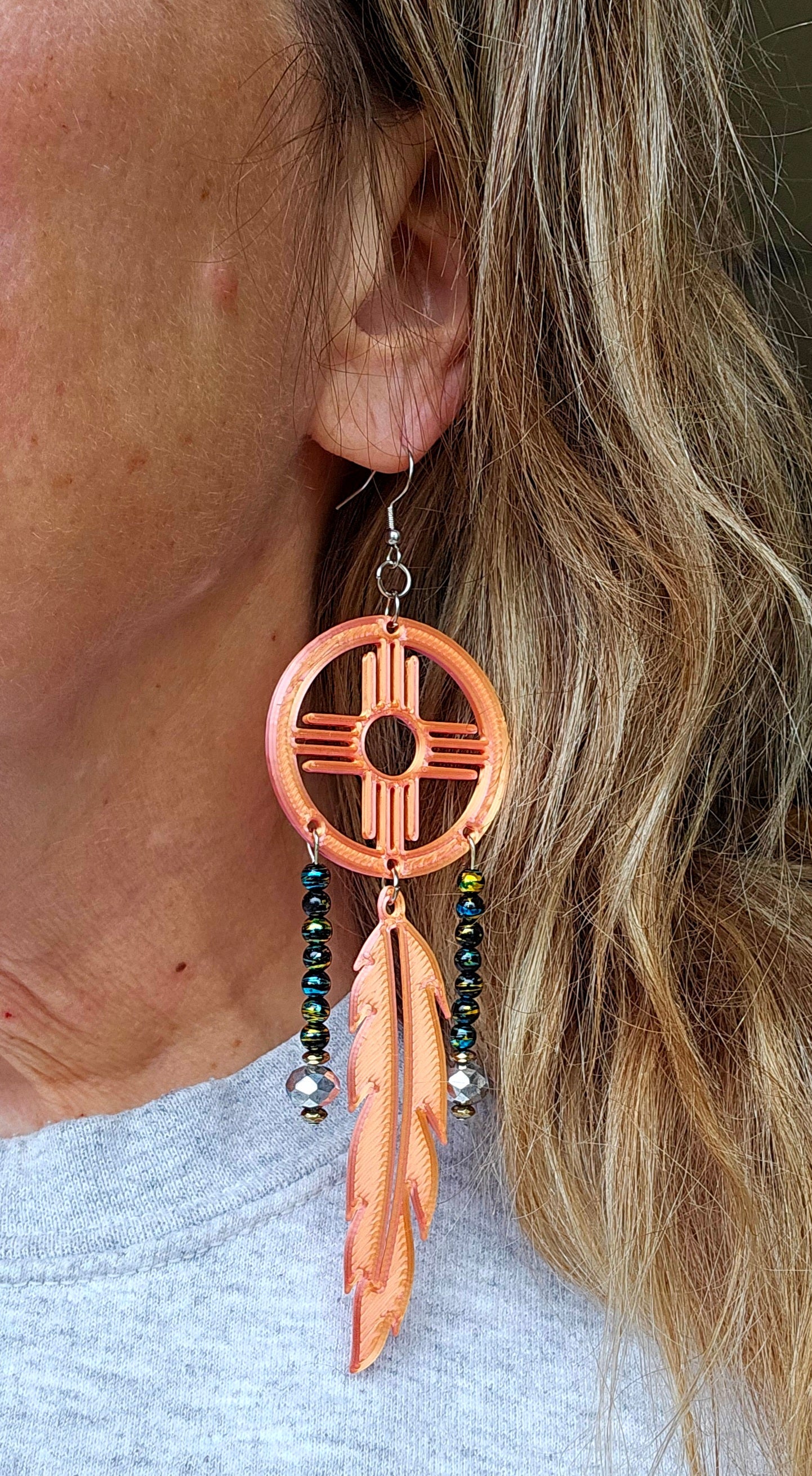 3D print Lightweight Orange New Mexico Zia Feather Dream Catcher Earrings Made in America by Baha Ranch Western Wear -...