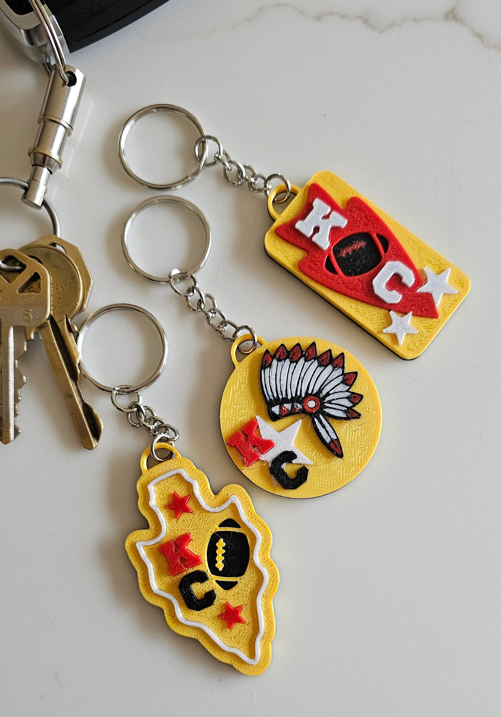 Set of 3 3D Print Chiefs Arrowhead Kc Kansas City Football Keychains Made in America by Baha Ranch Western Wear - product...