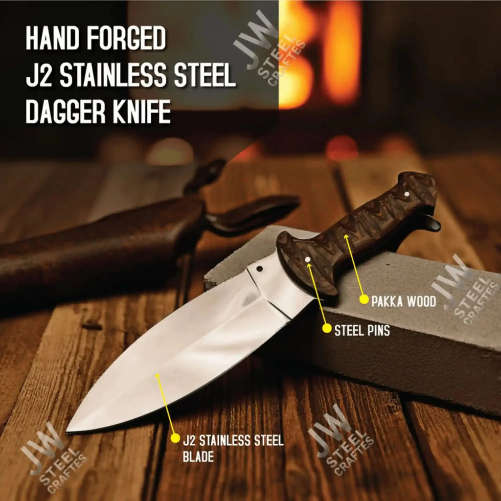 Handcrafted J2 Stainless Steel Boot Knife | Pakka Wood Handle | Leather Sheath | 13.5" Hunting Blade