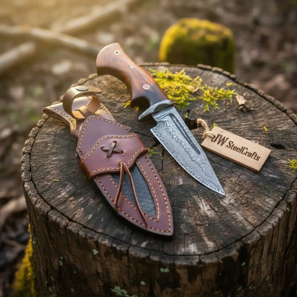 Bobcat Hunting Knife 4” Clip Point Fixed Blade Damascus Steel Guarded Design
