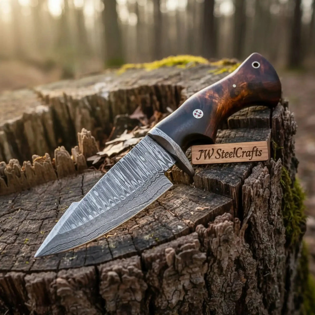 Bobcat Hunting Knife 4” Clip Point Fixed Blade Damascus Steel Guarded Design