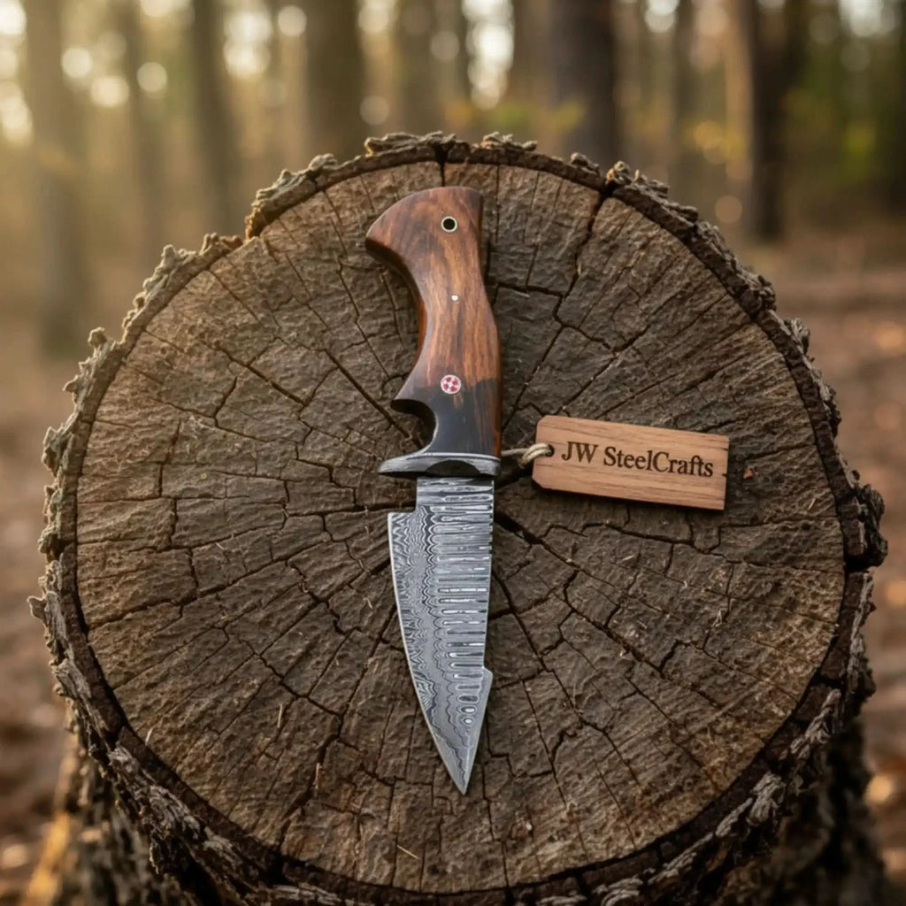 Bobcat Hunting Knife 4” Clip Point Fixed Blade Damascus Steel Guarded Design
