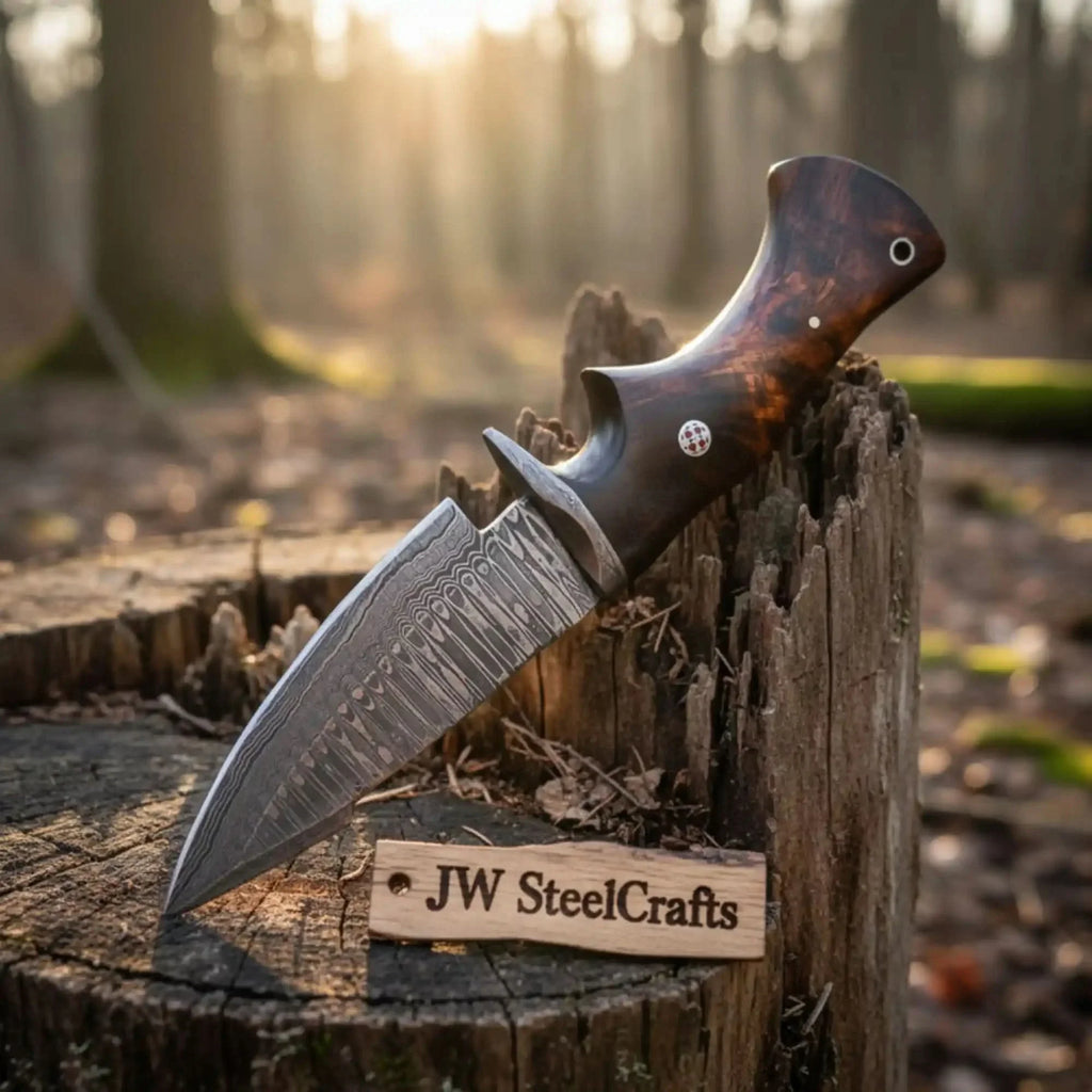 Bobcat Hunting Knife 4” Clip Point Fixed Blade Damascus Steel Guarded Design