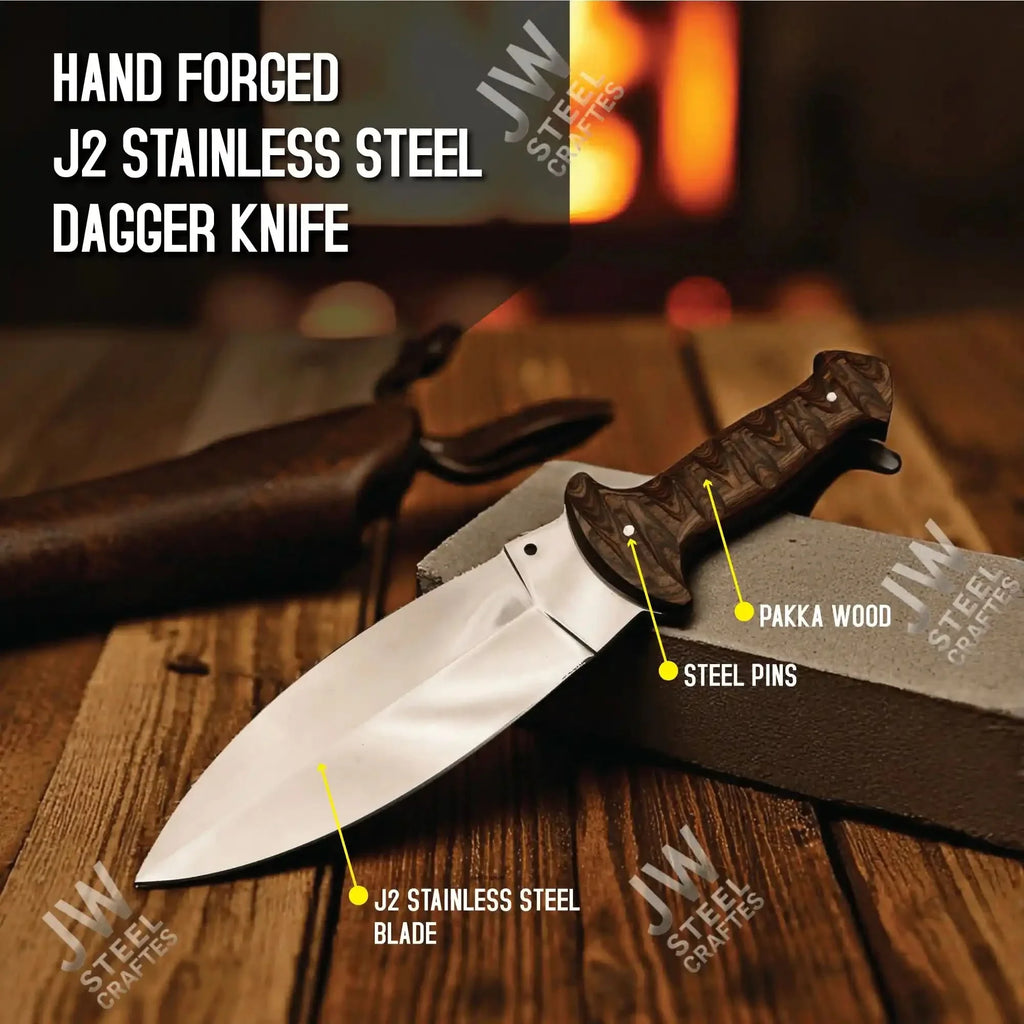 Handcrafted J2 Stainless Steel Boot Knife | Pakka Wood Handle | Leather Sheath | 13.5" Hunting Blade