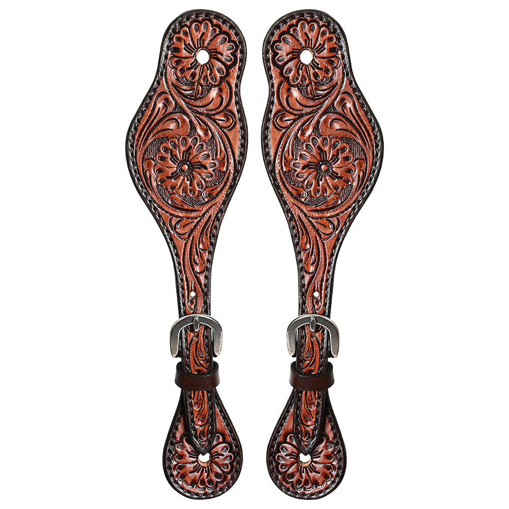 Hilason Western Leather Spur Straps Brown Floral Carving Rustic Vintage