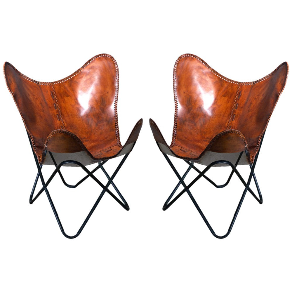 Pair Genuine Leather Butterfly Chair Folding Modern Sling Accent Seat