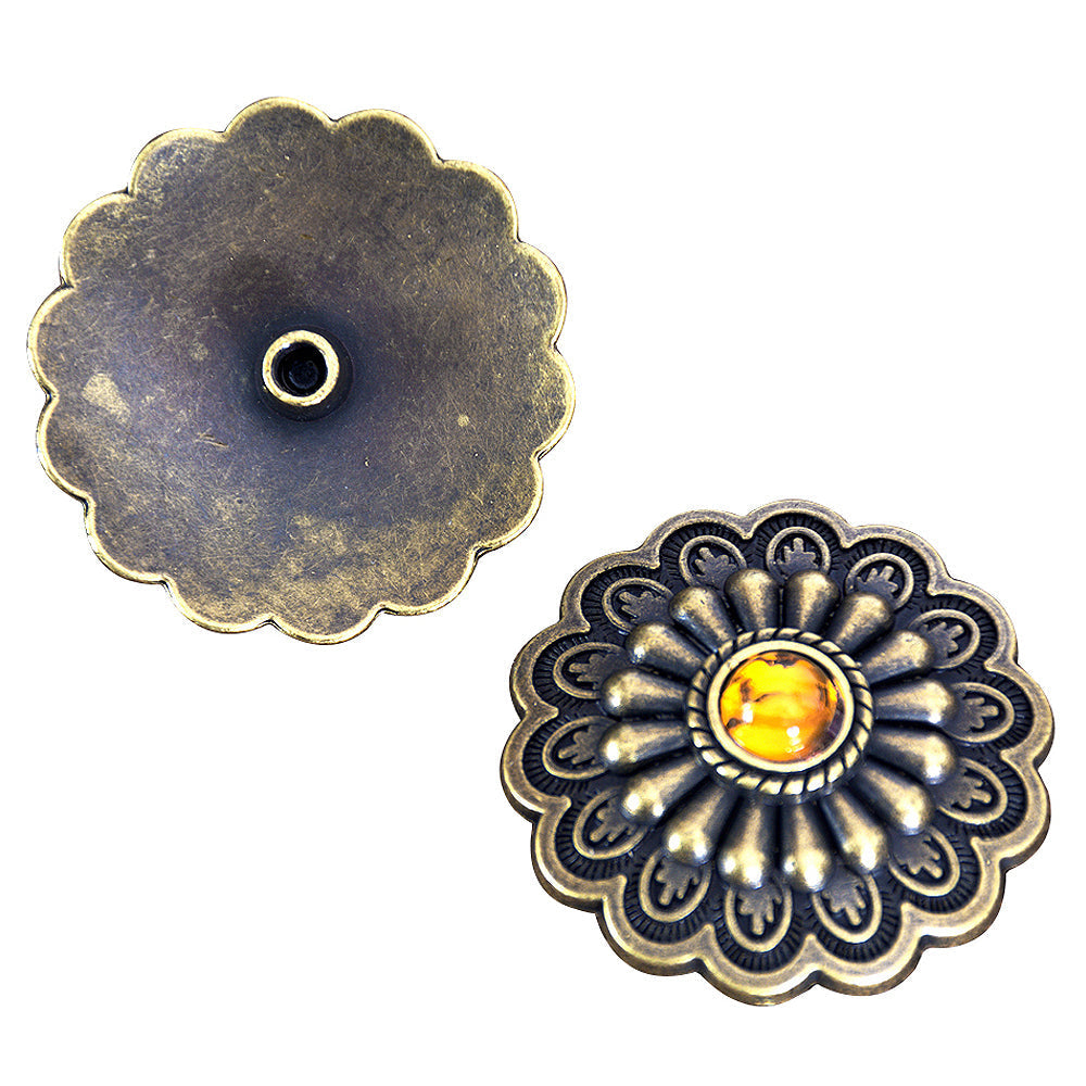 Hilason Western Screw-Back Concho, Antique Brass with Yellow Crystals — 1.5"