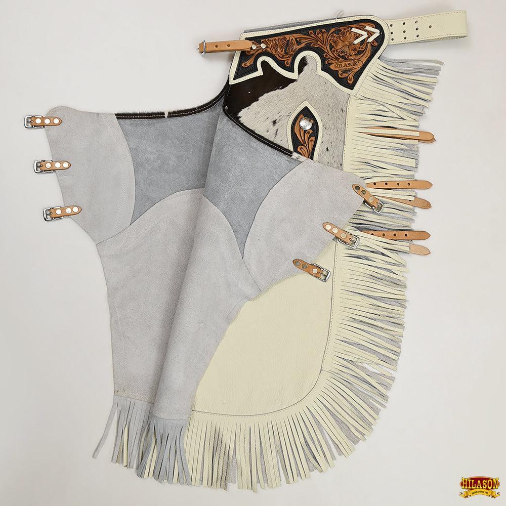 Hilason Western Bull Riding Chinks Chaps Adult Pro Rodeo Bronc Leather White