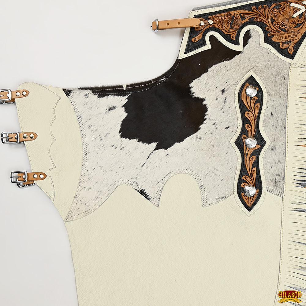Hilason Western Bull Riding Chinks Chaps Adult Pro Rodeo Bronc Leather White