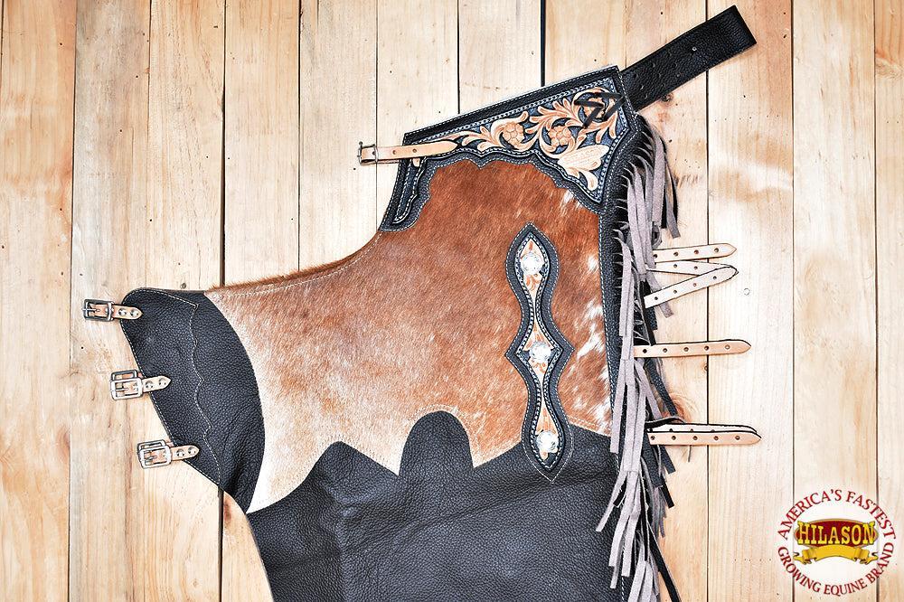 Hilason Black Leather Western Riding Chinks with Brown Trim