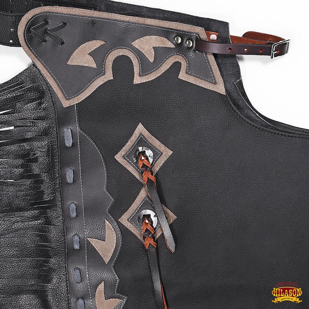 Hilason Western Bull Riding Leather Chinks, Black with Grey Trim