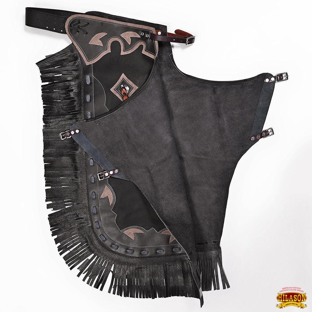 Hilason Western Bull Riding Leather Chinks, Black with Grey Trim