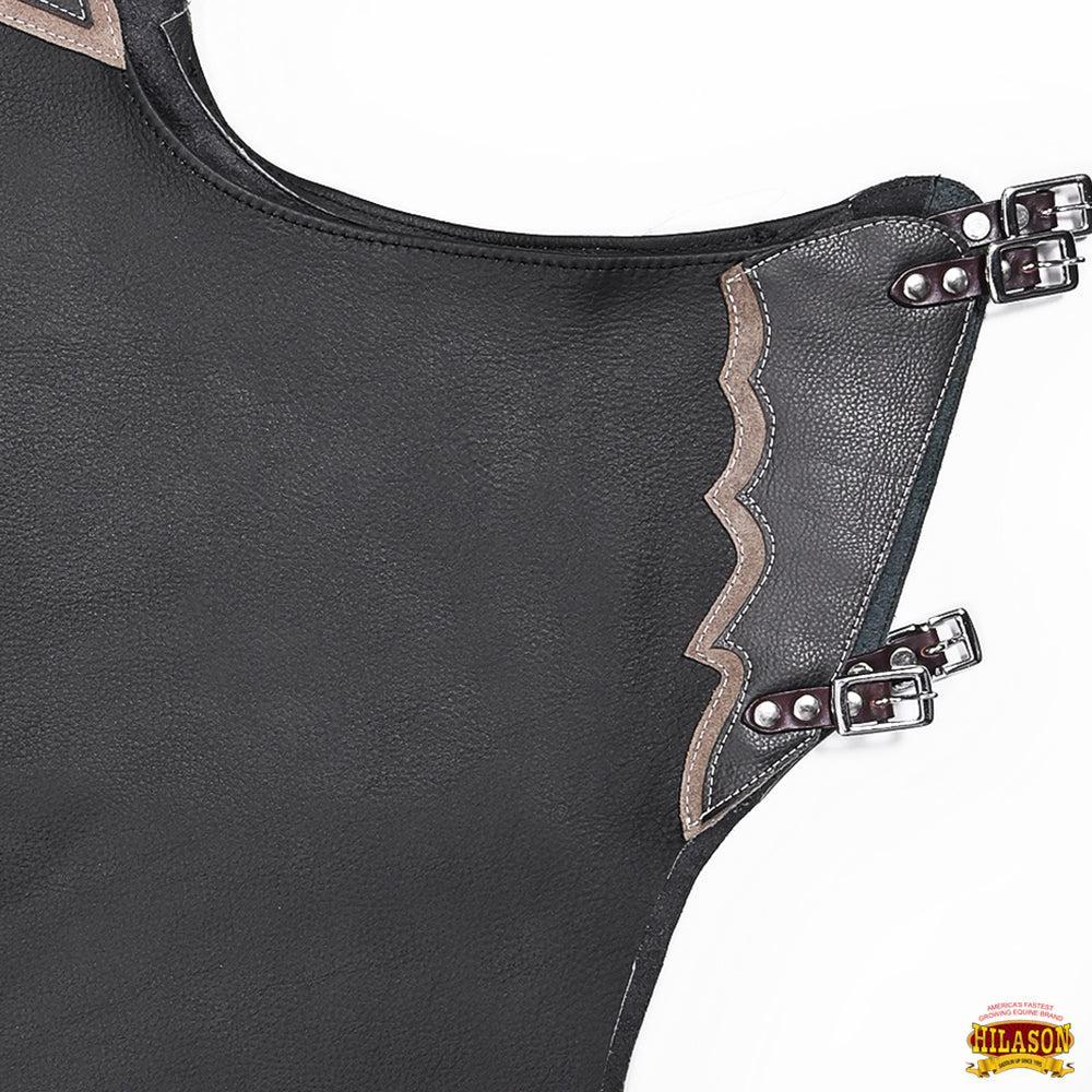 Hilason Western Bull Riding Leather Chinks, Black with Grey Trim