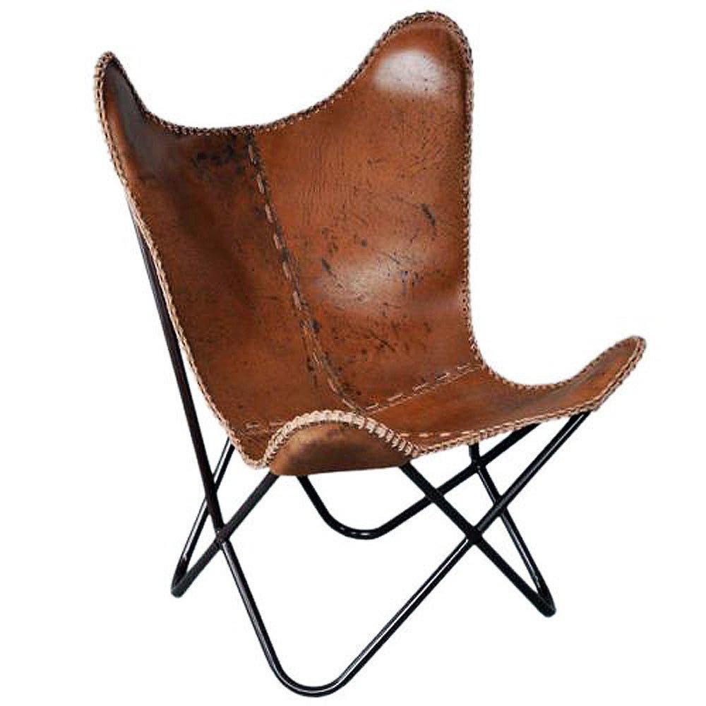 HILASON Genuine Leather Butterfly Chair Folding Lounge Modern Sling Accent Seat | Chair