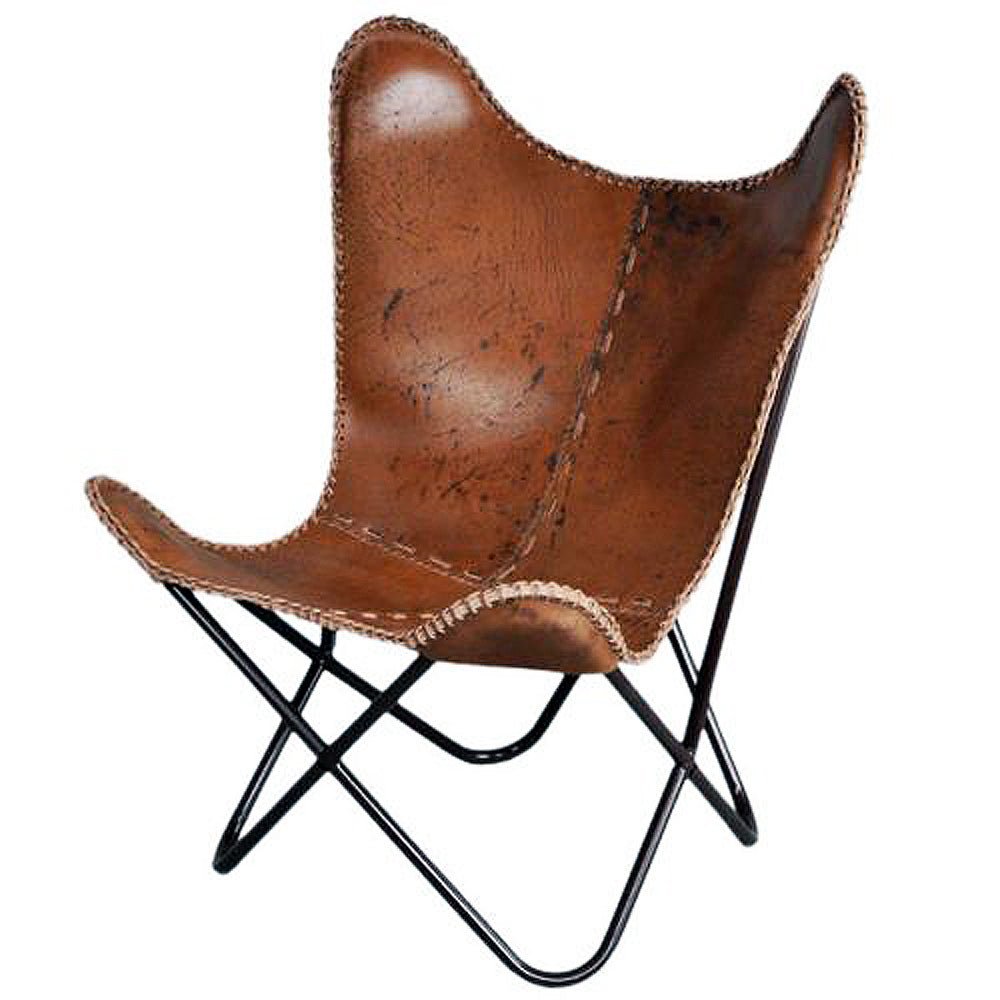 HILASON Genuine Leather Butterfly Chair Folding Lounge Modern Sling Accent Seat | Chair