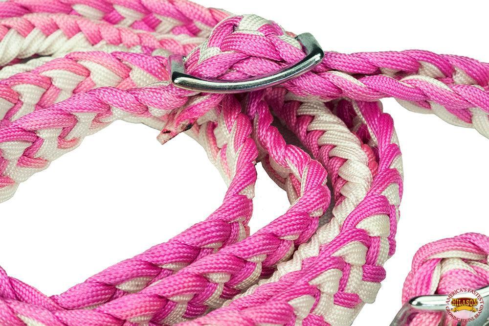Hilason Braided Poly Barrel Racing Reins, Flat Grip Knots — 1" x 8 ft