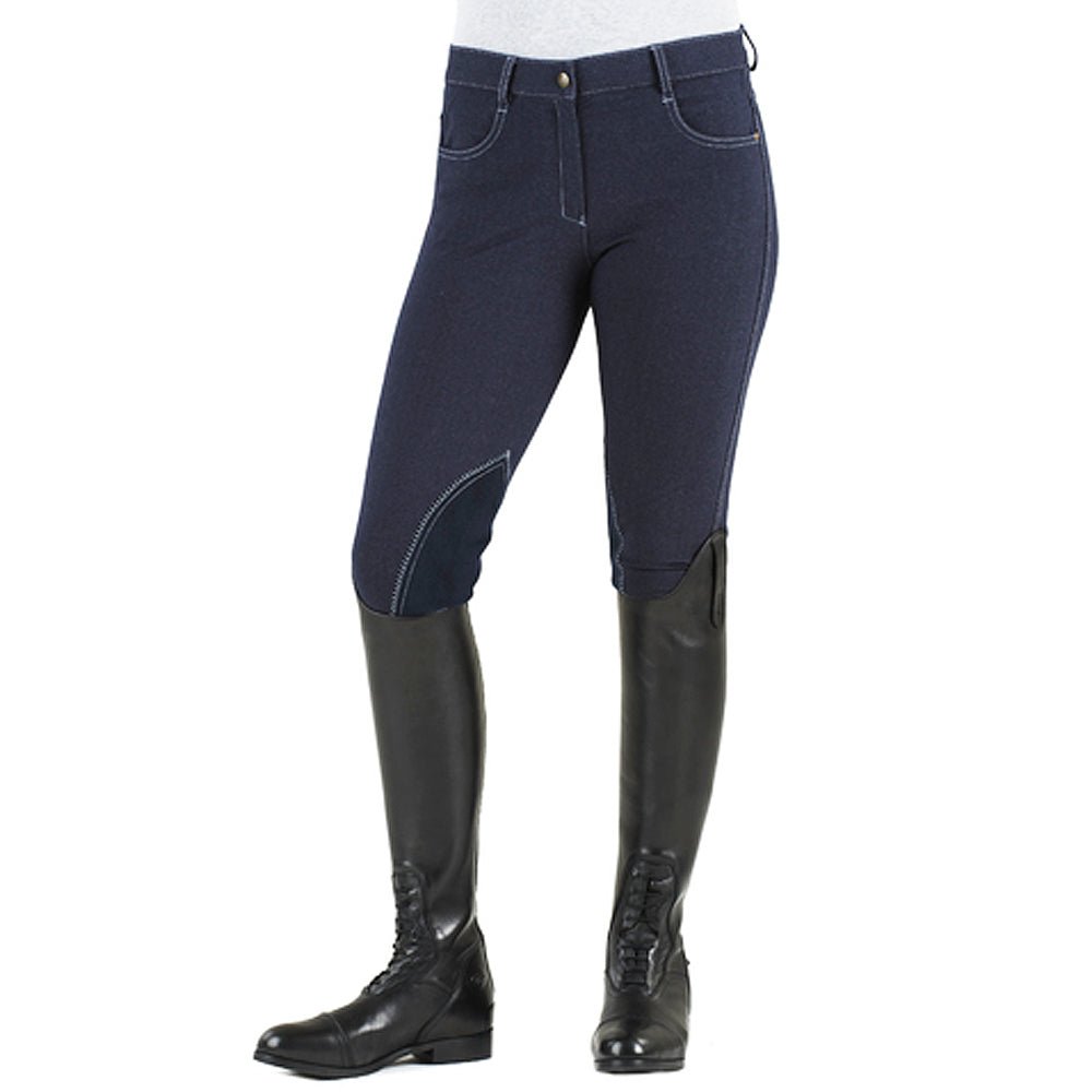 Ovation Euro Melange Knee Patch Breeches Indigo Denim-Knit Contrast Stitching