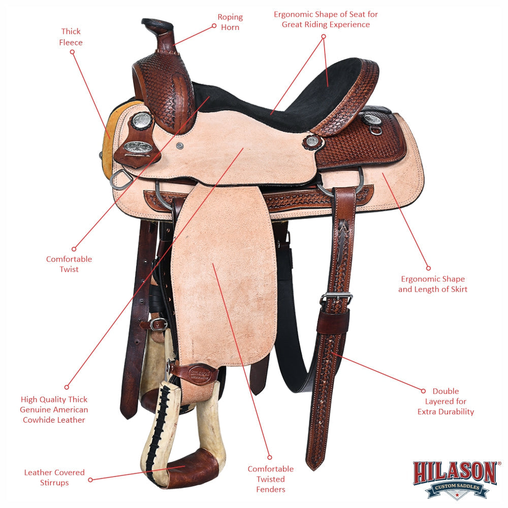 HILASON Western Horse Saddle American Leather Ranch Roping Cowboy | Hand Tooled Wade & For Horses