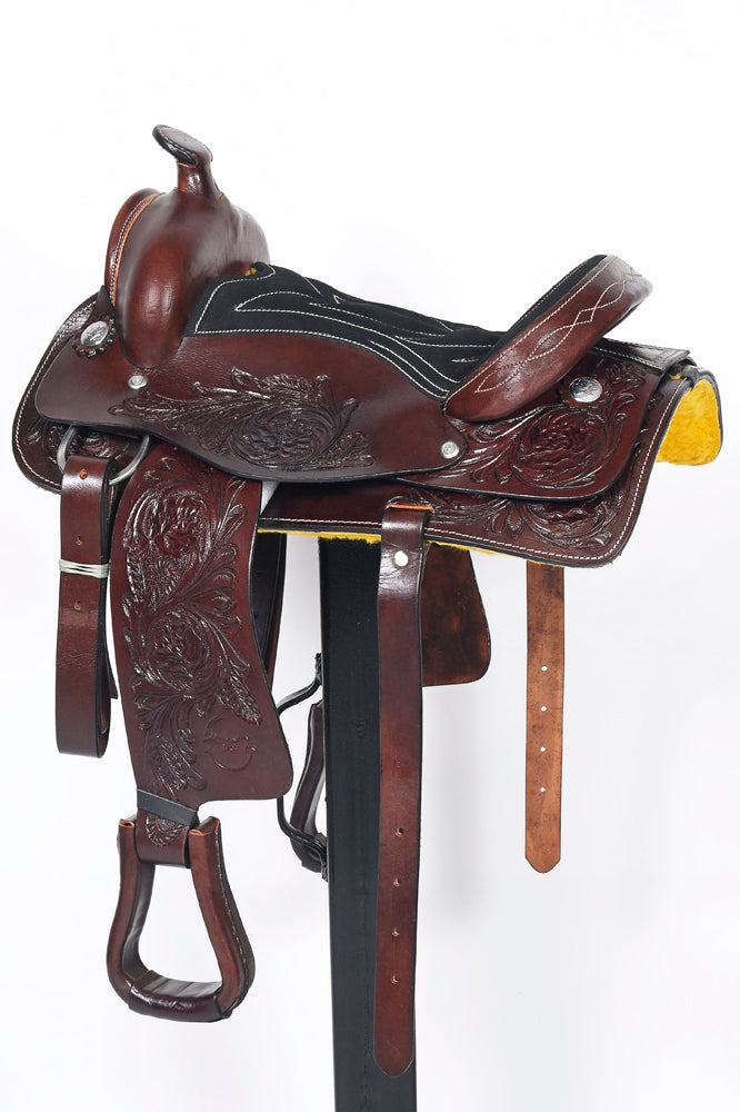 Comfytack 17 in Dark Brown Western Kids Youth Children Miniature Pony Saddle Leather Trail Tack | Hand Tooled Saddle | Western Saddle | Saddle for Horses | Horse Tack Set