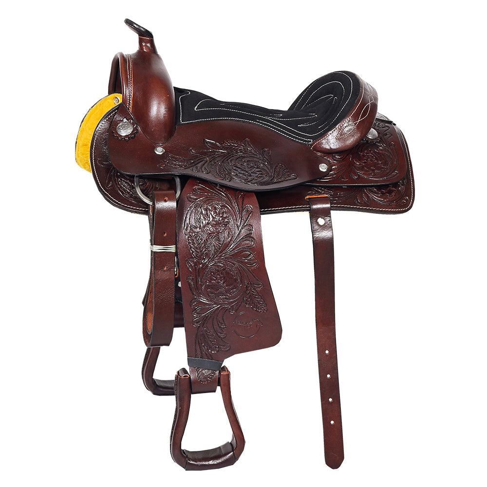 Comfytack 17 in Dark Brown Western Kids Youth Children Miniature Pony Saddle Leather Trail Tack | Hand Tooled Saddle | Western Saddle | Saddle for Horses | Horse Tack Set