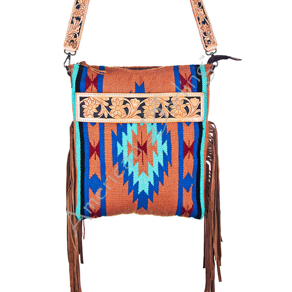 American Darling Hand-Tooled Saddle Blanket Genuine Leather Crossbody Bag